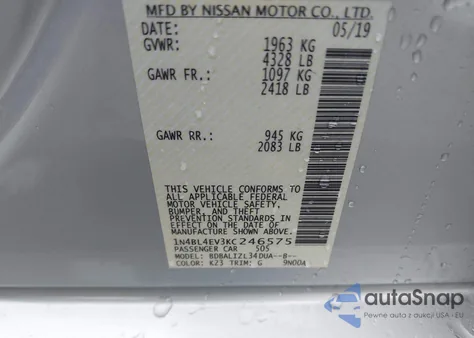 2019 Nissan Altima 2.5 Sl из США, поврежденный, VIN 1N4BL4EV3KC246575